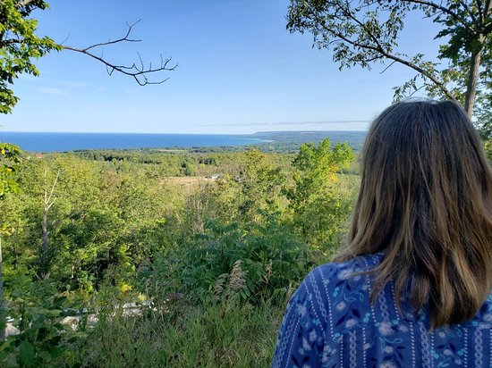 A person looking over forested hills.