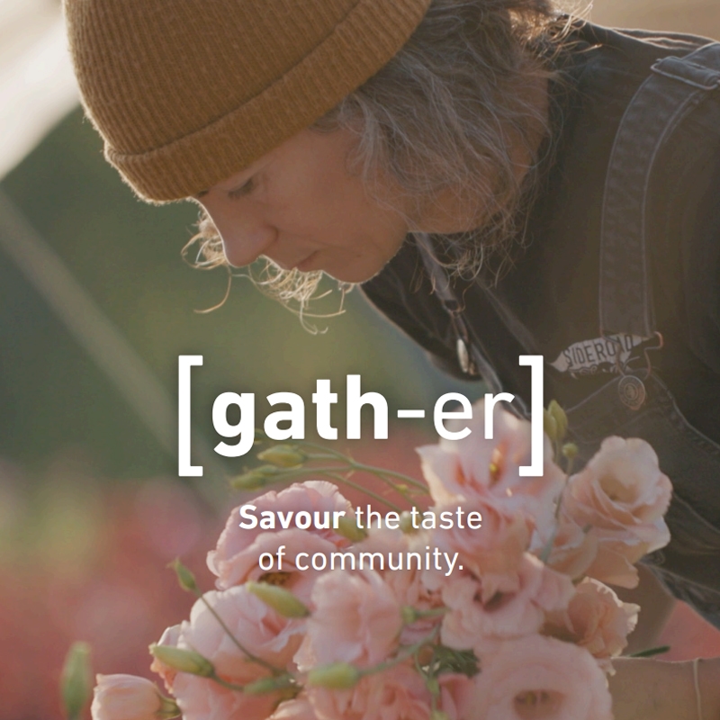 A person wearing a toque holds a bouquet of pink roses.
