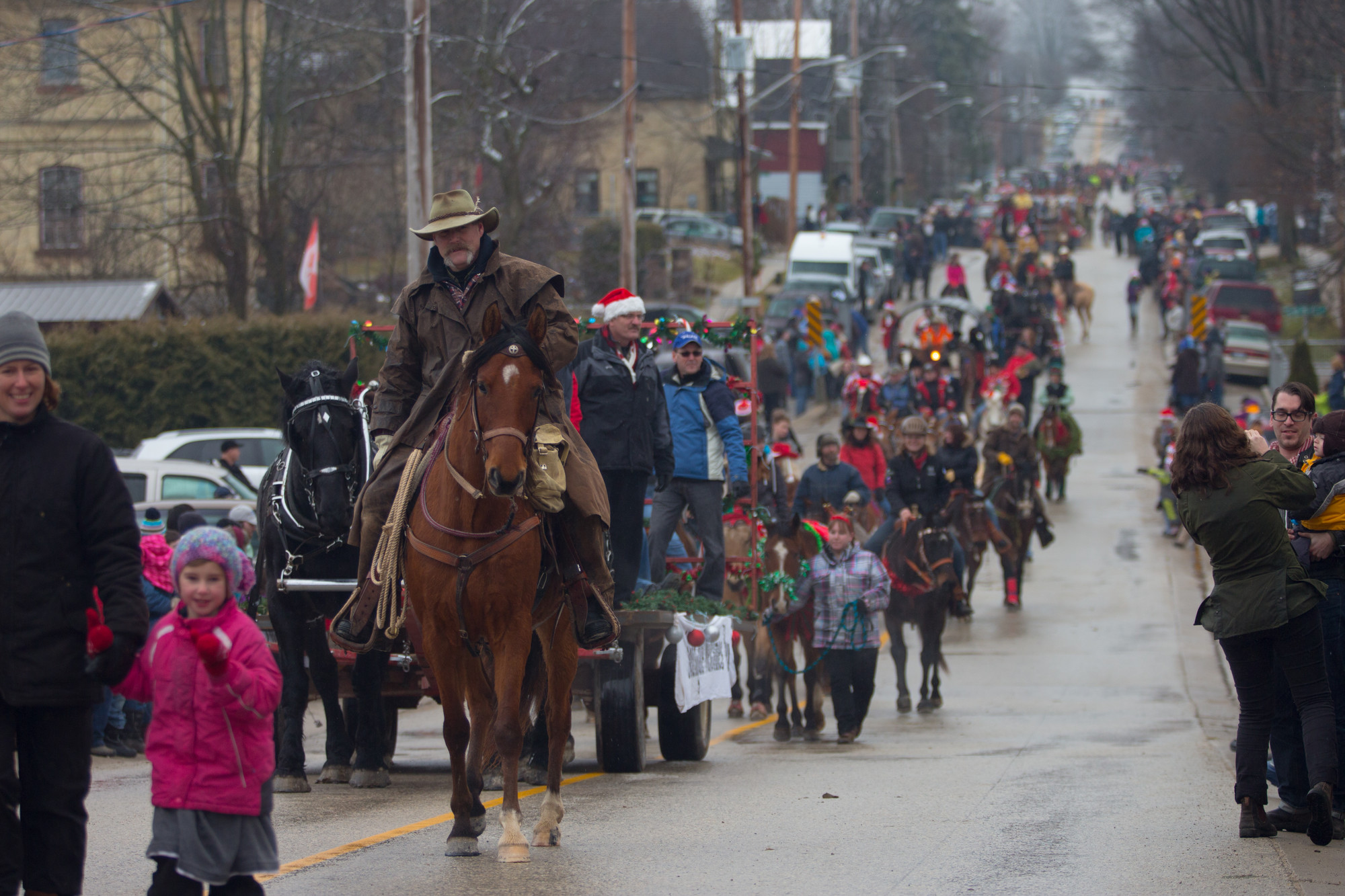 A horse and rider lead a Christmas parade.