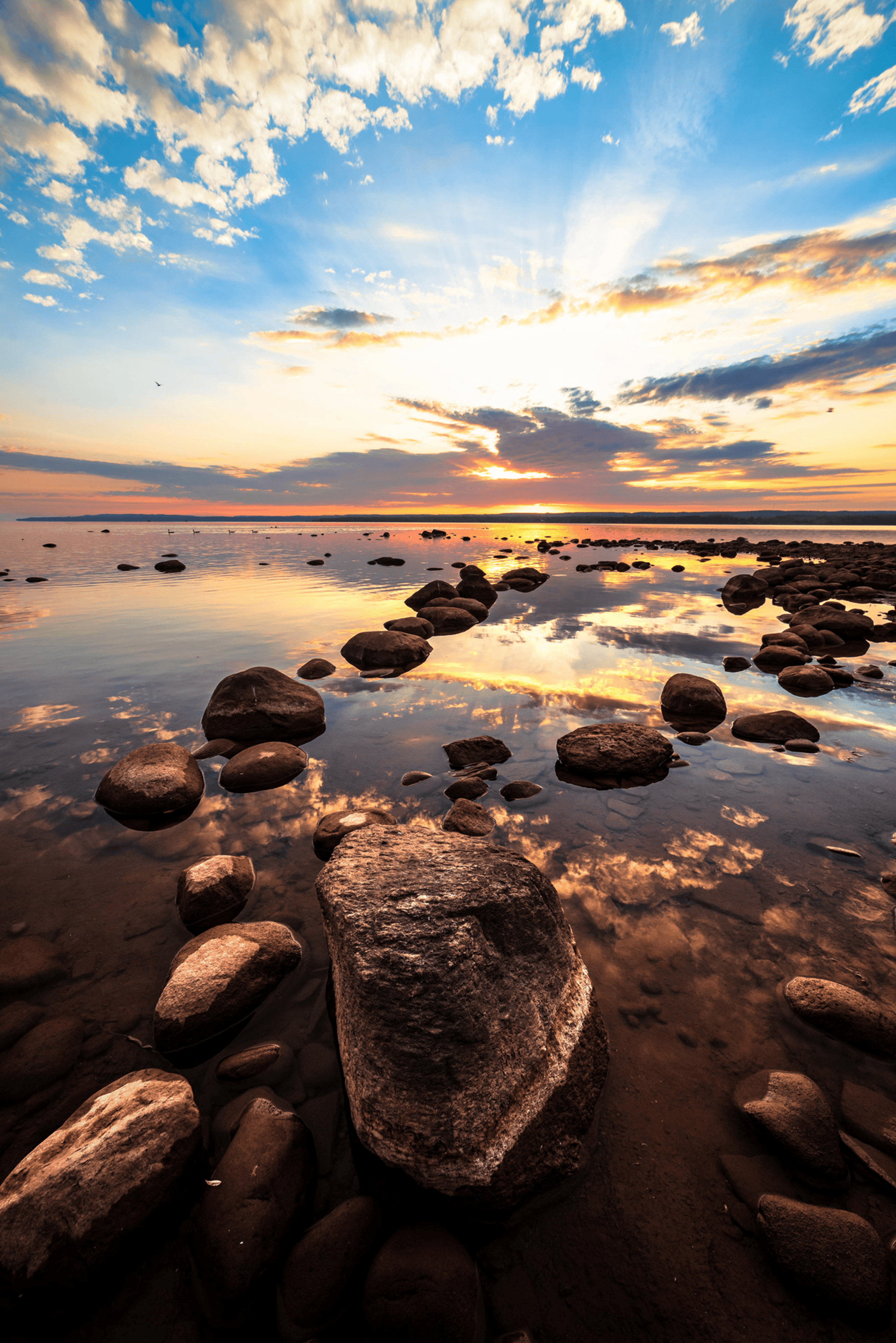 Sunrise over a rocky beach on a bright day.
