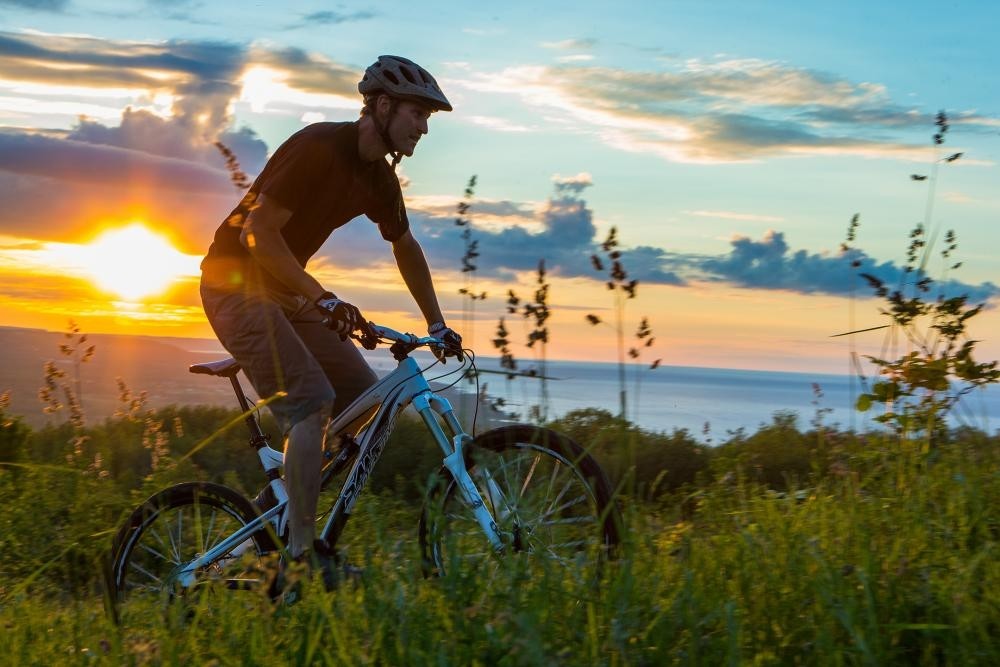 Action shot of a helmeted cyclist riding through long grass at sunset.
