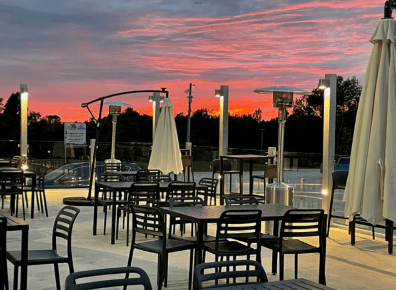 a patio at sunset